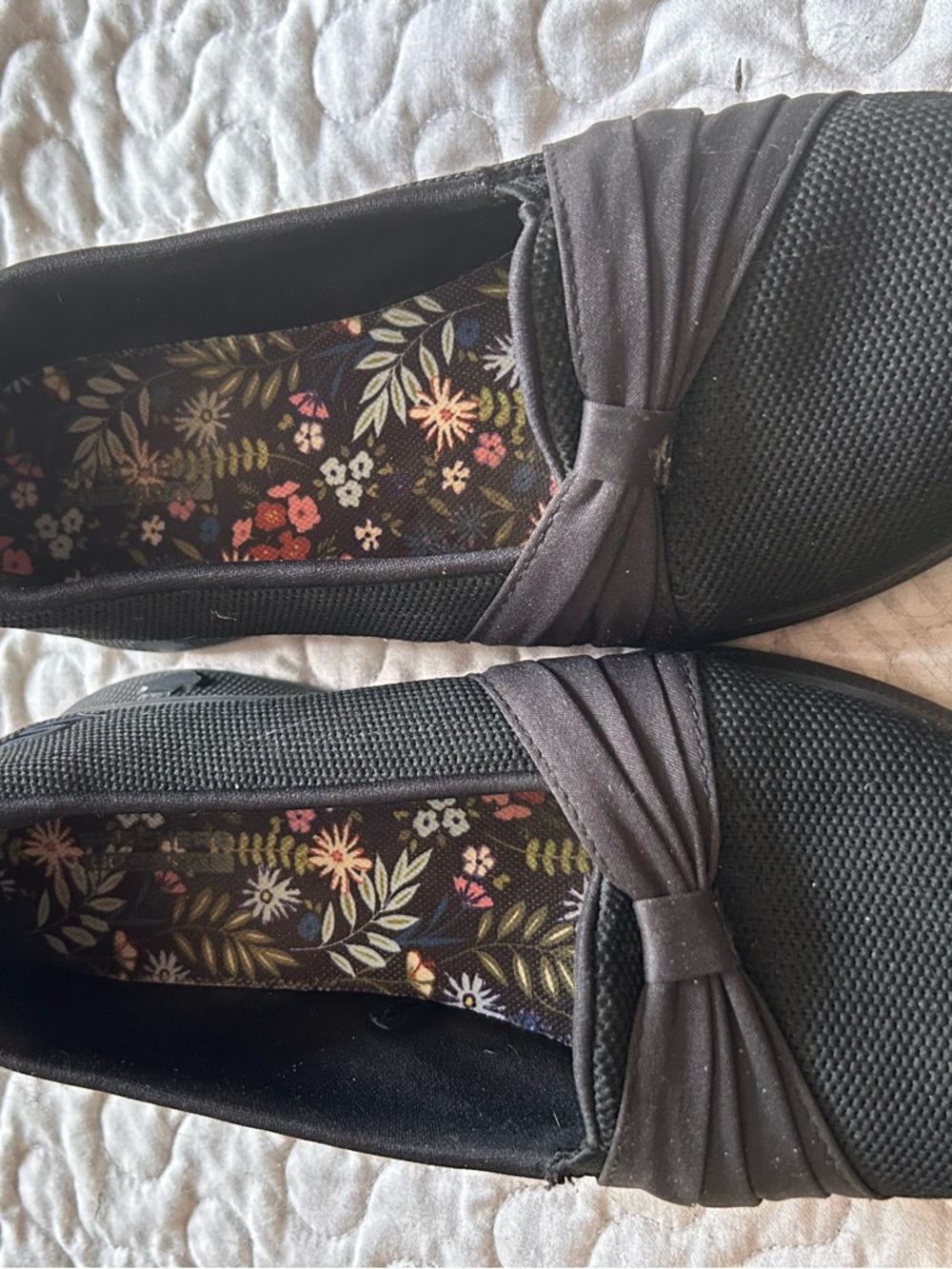 Skechers Black Slip-On Floral-Insole Flats with Bow Accent